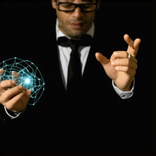 Augmented Reality Corporate Magic Performance Magician performing augmented reality illusions at a corporate event, high-tech magic scene, professional setting.