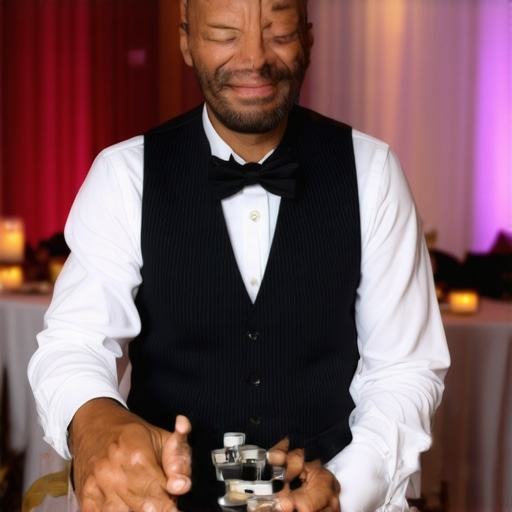 Close-up Magic Performance at a Corporate Event Magician performing close-up magic for an engaged audience at a corporate event.