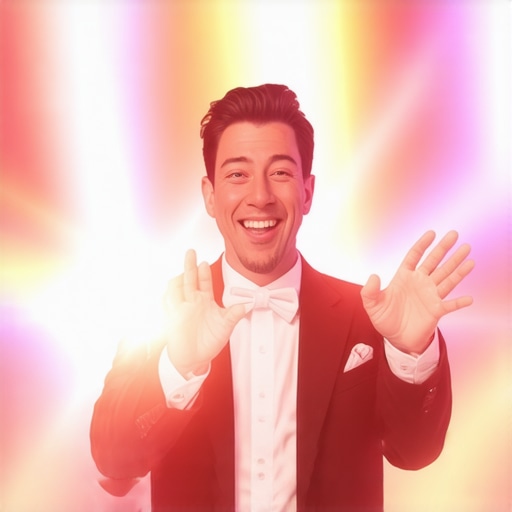 Engaging Stage Magic Show with Audience Interaction A lively magician captivating an audience with colorful illusions and audience participation