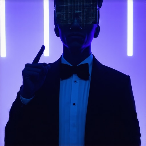 High-Tech Stage Magic Performance Magician performing with AR glasses and digital illusions on stage, captivating audience.