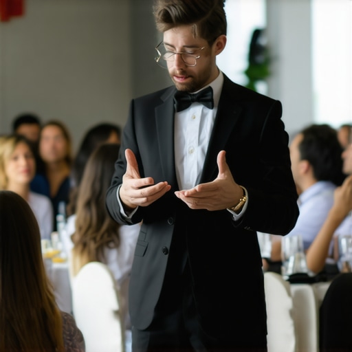 Magician engaging with audience through storytelling to build trust.