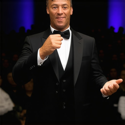 Magician engaging confidently during a corporate event, stage with audience, demonstrating trust and professionalism.