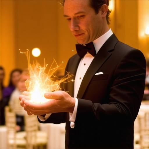 Magician performing trusted stage magic at a corporate event, audience engaged, vibrant lighting