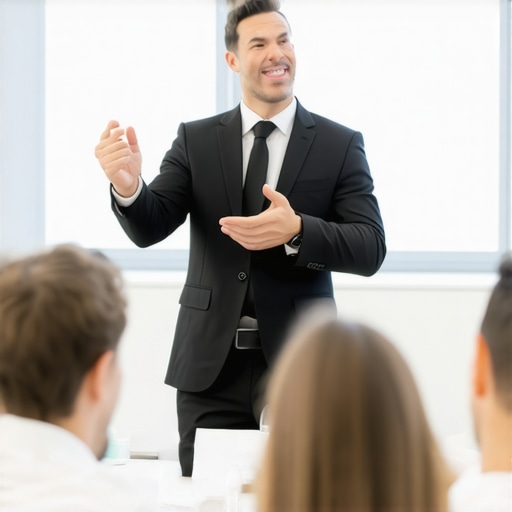 Magician performing confidently at a corporate event to build trust.