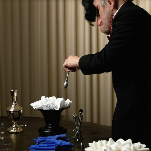 Magician inspecting and cleaning magic props before a corporate event.