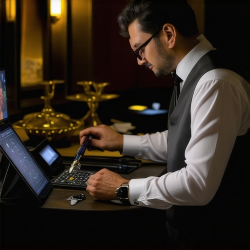 Magician inspecting props and using digital tools to ensure performance reliability.