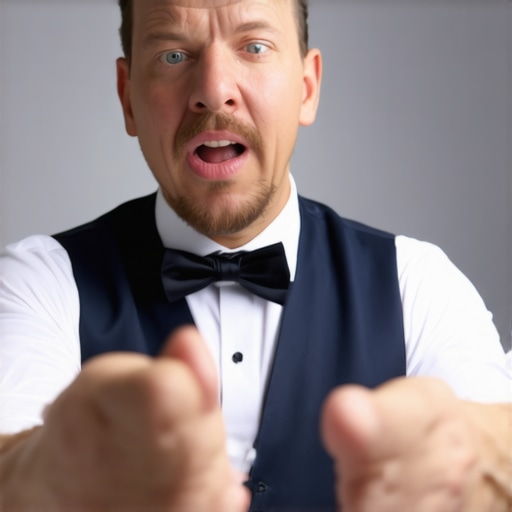 Magician making eye contact and gesturing confidently to connect with audience.