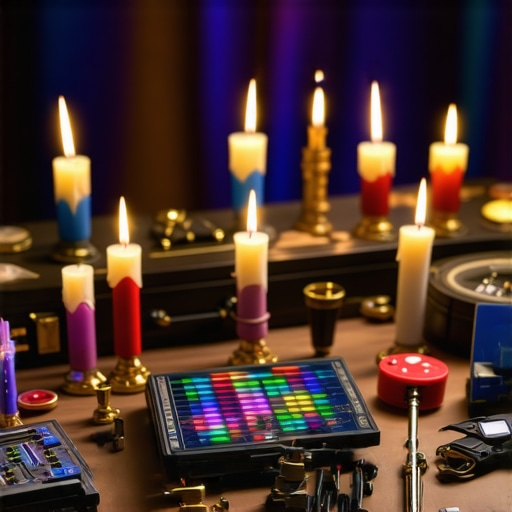 Close-up of magician's toolkit including props, lighting, and digital devices
