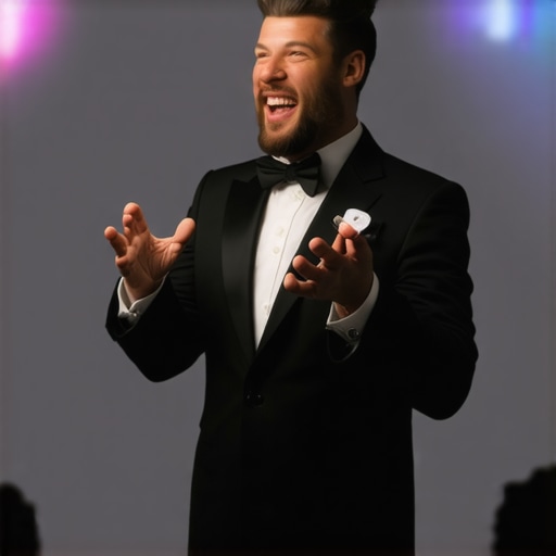 Magician with confident stance and engaging facial expressions performing for an attentive audience.