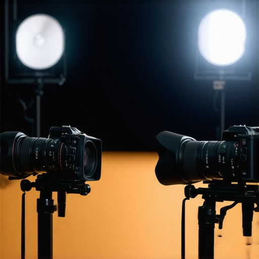 Professional stage lighting, sound system, and recording equipment used by a magician during a corporate event.