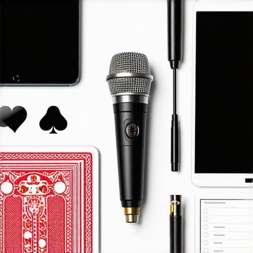 Close-up of professional magician's equipment including props and tech tools.