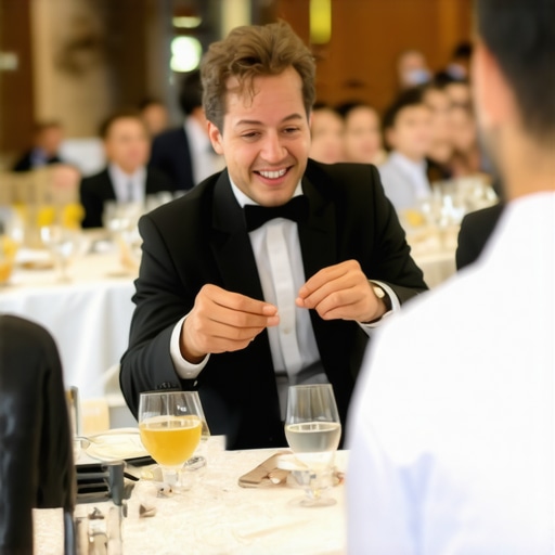 A magician captivating an audience with engaging body language and eye contact