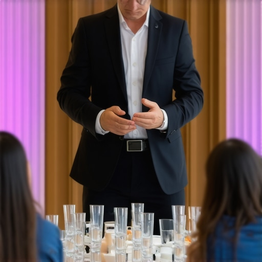 Magician Engaging Corporate Audience Stage magician performing trusted tricks with audience engagement at a corporate event.