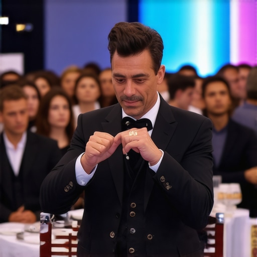 Close-up of a magician performing magic for trade show attendees, creating an engaging and memorable experience.