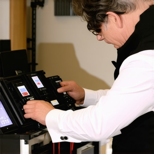 Magician Performing Equipment Maintenance Magician carefully checking his stage magic props and digital tools for optimal performance.