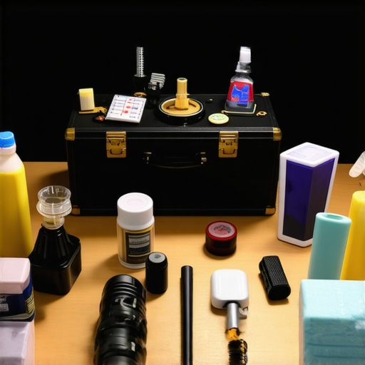 A stage magician's toolkit featuring props, cleaning supplies, and electronics arranged on a stage background.