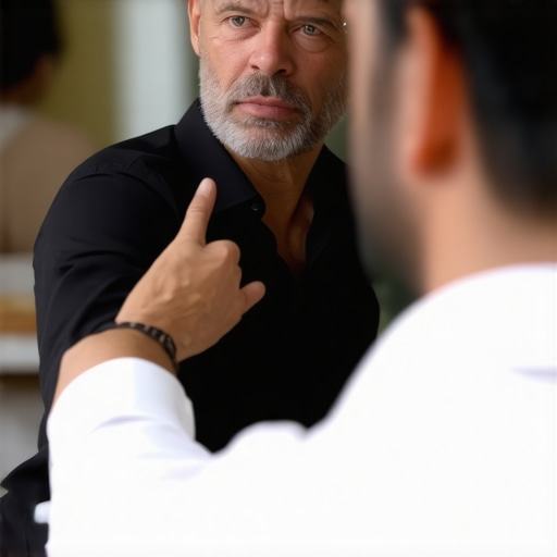 Close-up of a magician making eye contact and engaging a corporate audience with confident gestures.