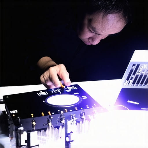 Stage Equipment Maintenance A technician carefully calibrating stage magic equipment during maintenance