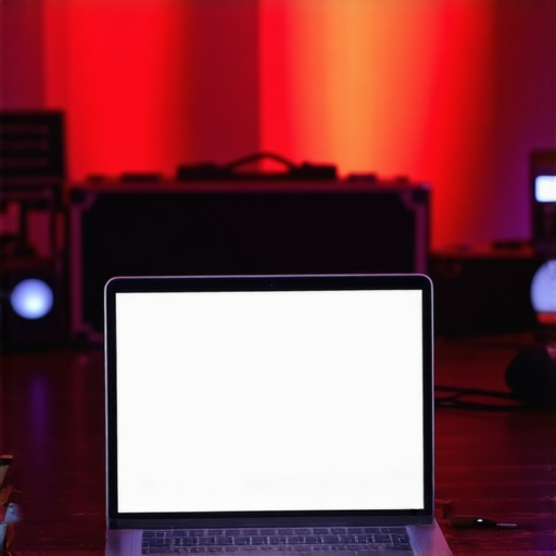 A laptop with audio and lighting controls set up backstage for a magic performance.