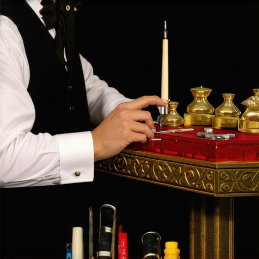 A magician carefully inspecting his props with a toolkit, ensuring everything is in perfect condition for the show