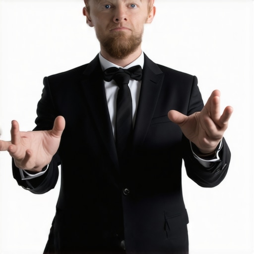 A magician using expressive gestures to connect with an attentive corporate audience.