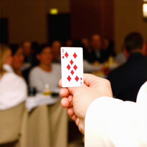 A magician performing a card trick during a corporate event with an attentive audience.