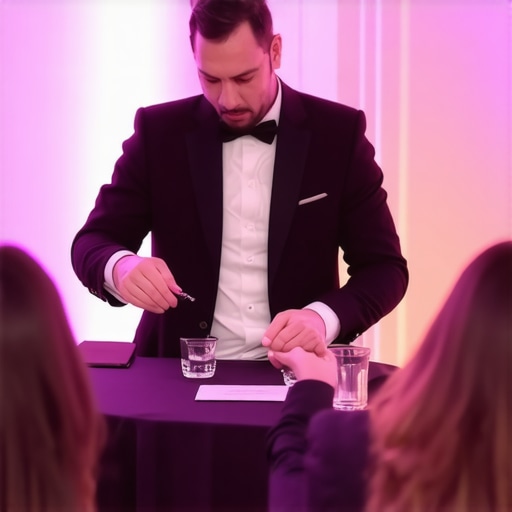 Interactive corporate magic performance Stage magician involving guests in a magic trick during a corporate event.