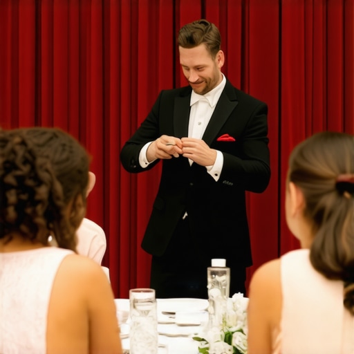 A stage magician in the middle of a performance captivating an audience with a card trick.