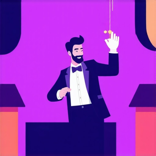 A magician performing close-up magic for trade show attendees, with a vibrant booth backdrop.