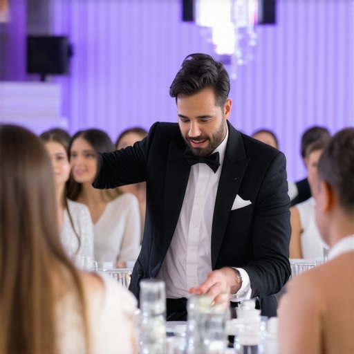 Stage magician performing an illusion during a corporate event with engaged audience.