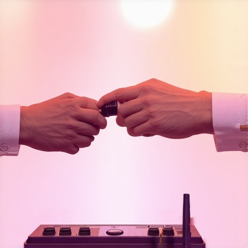 A magician adjusting a wireless microphone and using control software during a performance