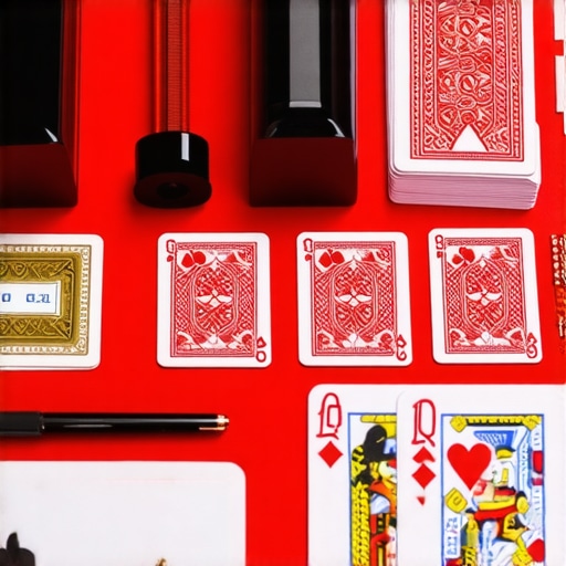 A professional magician's toolkit with gaff cards, props, and digital devices for event magic.
