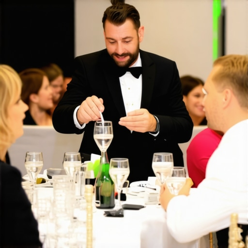 Magician engaging with an attentive audience in a corporate setting.